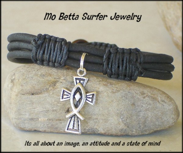Triple Layer Distressed Black Leather with Pewter Cross and Ichthus Bracelet or Anklet