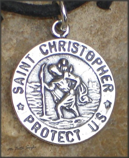 Sterling Silver Saint Christopher Pendant on Black Leather Surfer Style Necklace