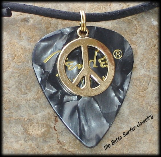Fender Black Moto Guitar Pick and Peace Sign on Leather Surfer Style Adjustable Necklace