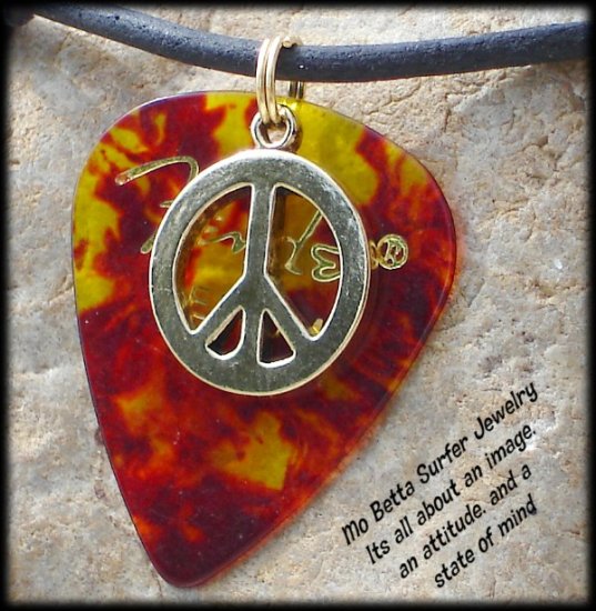 Fender Tortoise Guitar Pick and Peace Sign on Leather Surfer Style Adjustable Necklace