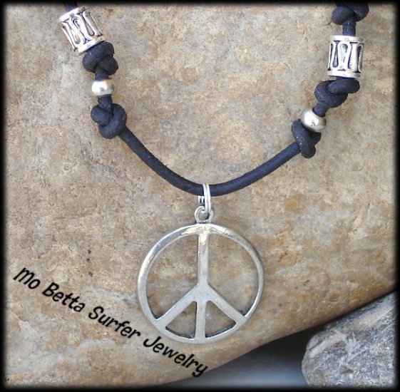 Pewter Beads Distressed Leather Adjustable Surfer Necklace and Peace Sign