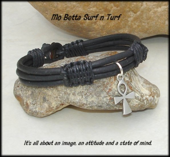 Triple Layer Distressed Black Leather with Pewter Ankh Bracelet or Anklet