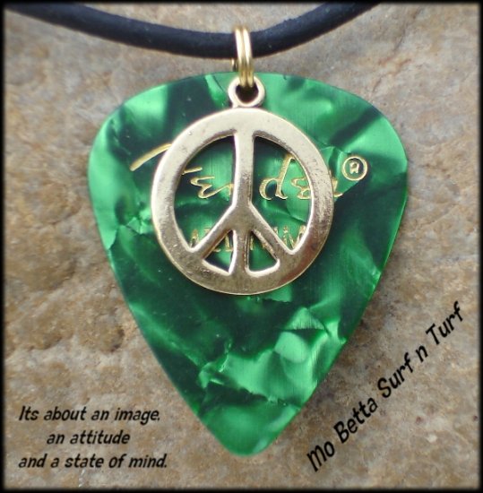 Fender Green Moto Guitar Pick and Peace Sign on Leather Surfer Style Adjustable Necklace
