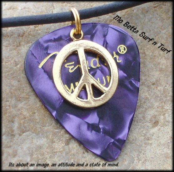 Fender Purple Moto Guitar Pick and Peace Sign on Leather Surfer Style Adjustable Necklace
