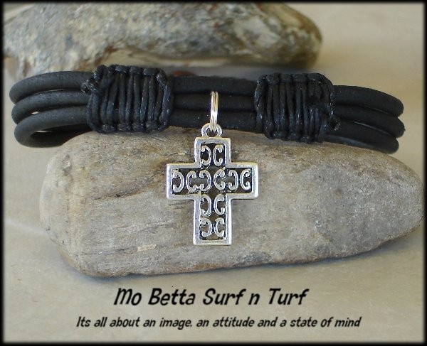 Triple Layer Distressed Black Leather with Pewter Cross Bracelet or Anklet