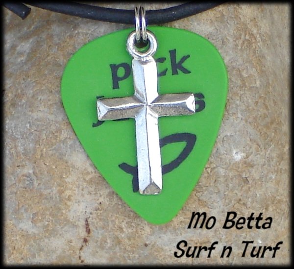 Green Pick Jesus Guitar Pick and Pewter Cross on Leather Surfer Necklace