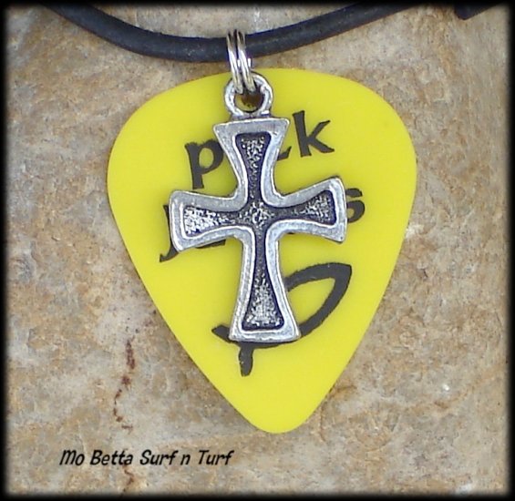 Yellow Pick Jesus Guitar Pick and Pewter Cross on Leather Surfer Necklace
