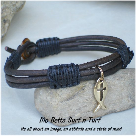 Triple Layer Distressed Brown Leather with Gold Pewter Ichtus Bracelet or Anklet