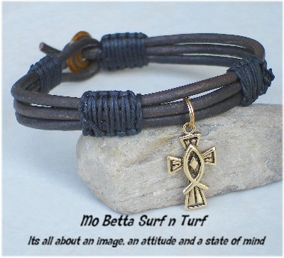 Triple Layer Distressed Brown Leather with Gold Pewter Christian Cross and Fish Bracelet or Anklet