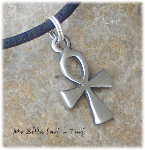 Pewter Ankh on Black Leather Adjustable Surfer Necklace