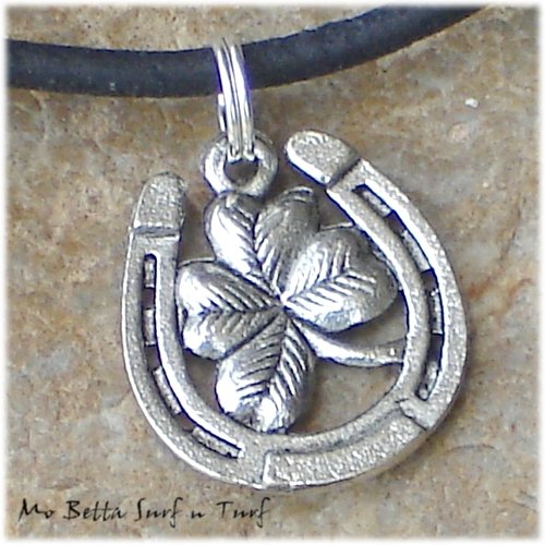 Horse Shoe and Four Leaf Clover on Black Leather Adjustable Surfer Necklace