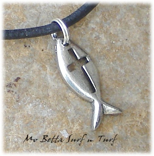 Christian Ichtus with Cross Pendant on Leather Surfer Necklace