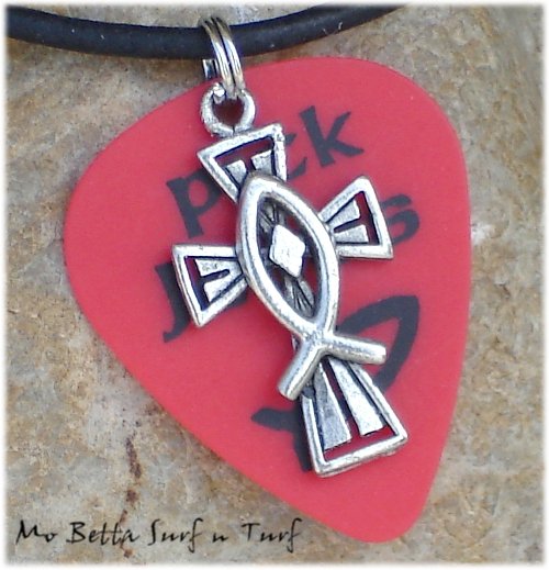 Red Pick Jesus Guitar Pick and Pewter Cross on Leather Surfer Necklace