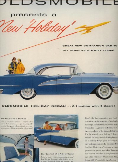 Vintage 1955 Blue two tone Holiday Sedan Oldsmobile Car AD
