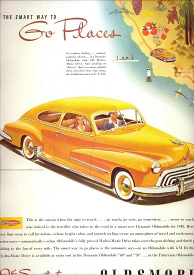 Vintage 1948 yellow Oldsmobile CAR Auto AD