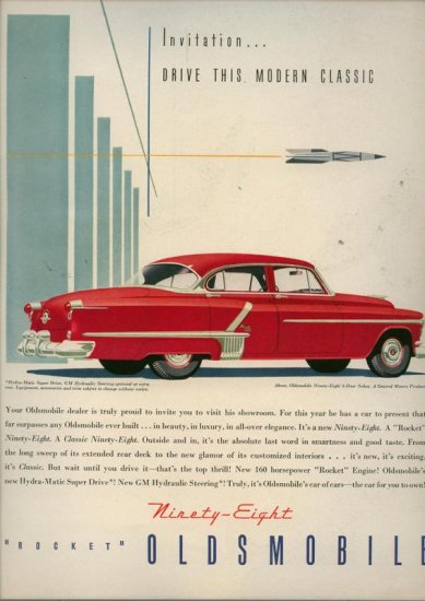 Vintage 1952 Red Oldsmobile Ninety Eight Car AD
