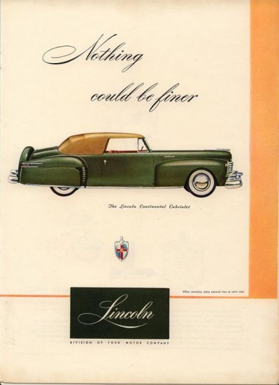 Vintage 1947 Ford Lincoln Continental Cabriolet Car AD