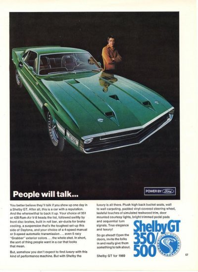 Vintage 1969 Green Ford Shelby GT 350 500 Road Car AD