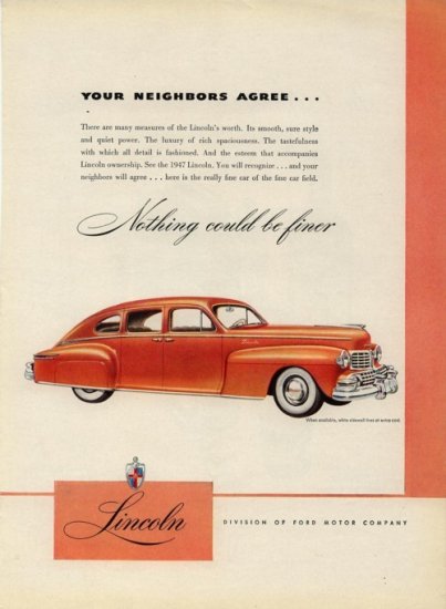 Vintage 1947 Orange Ford Lincoln Car Print AD