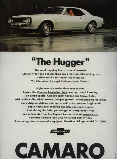 1967 Chevrolet White Chevy Camaro The Hugger AD