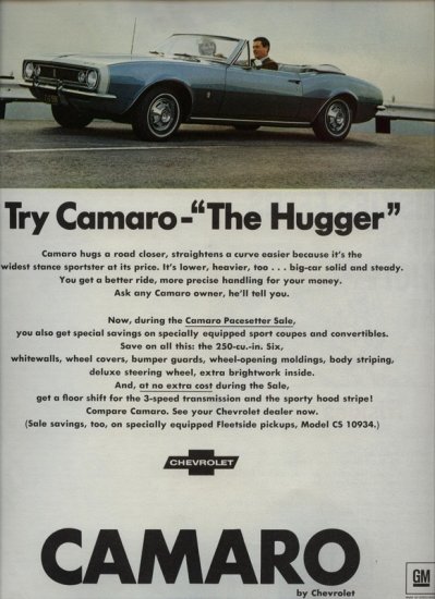 Vintage 1967 Chevrolet Chevy The Hugger Blue Camaro AD