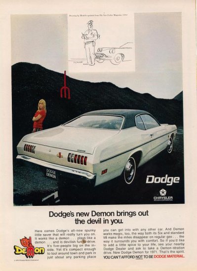 Vintage 1970 White Green Top Dodge Demon Car AD