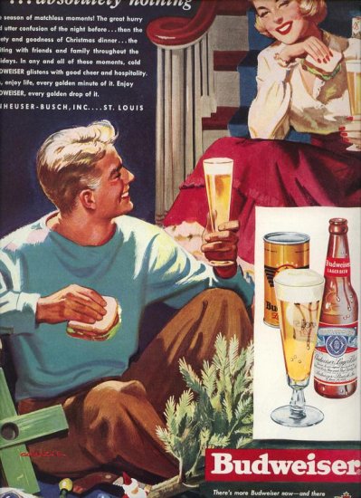 Vintage 1949 Budweiser Beer Art by Cassell Christmas Print AD