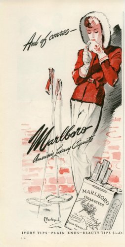 Vintage 1942 Marlboro Lady Skier Skies Cigarette AD
