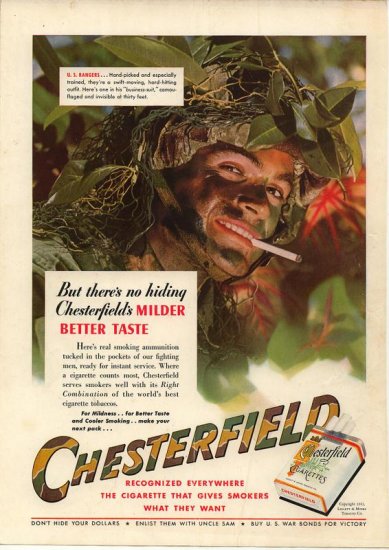 Vintage 1943 U.S. Rangers Camouflage Chesterfield Cigarette AD