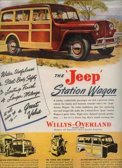 Vintage 1947 Red Jeep Station Wagon Car Unknown Artist AD