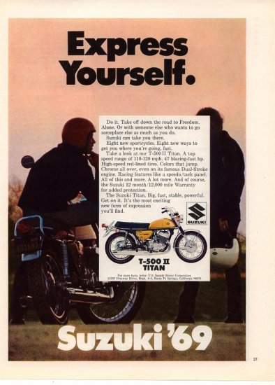 Vintage 1969 Suzuki T-500 2 Titan Motorcycle AD