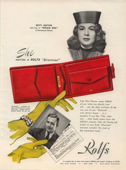 Vintage 1948 Betty Hutton Rolf's Red Directress Bilfold AD
