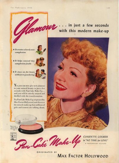 Vintage 1944 Max factor Claudette Colbert Make up Cosmetic AD