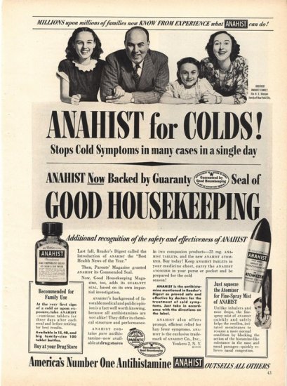 Vintage 1950 H E Hinman Family NY Anahist Antihistamine AD