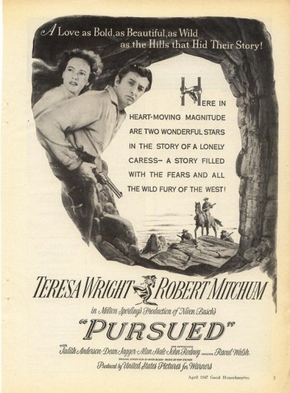 Vintage 1947 Robert Mitchum T Wright Pursued Movie Promo AD