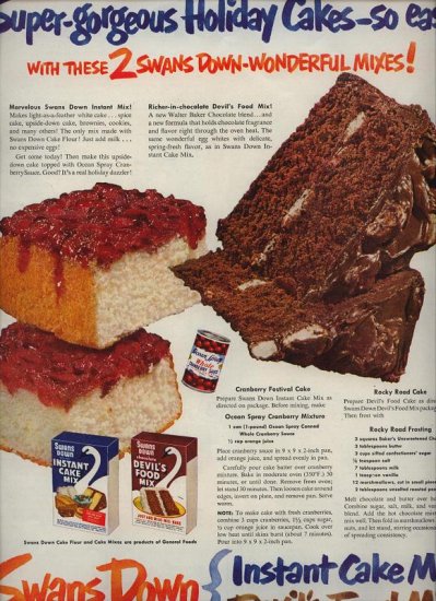 Vintage 1950 Swans Down Cake Mix Recipe Rocky Road Cake Recipe AD