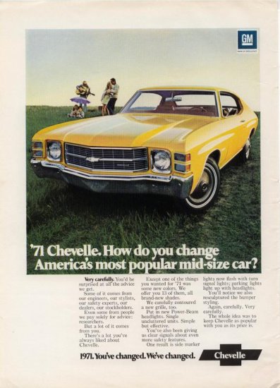Vintage 1971 yellow Chevy Chevelle Chevrolet Car Ad