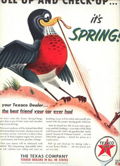 Vintage 1952 Texaco Robin Spring Gasoline Gas AD