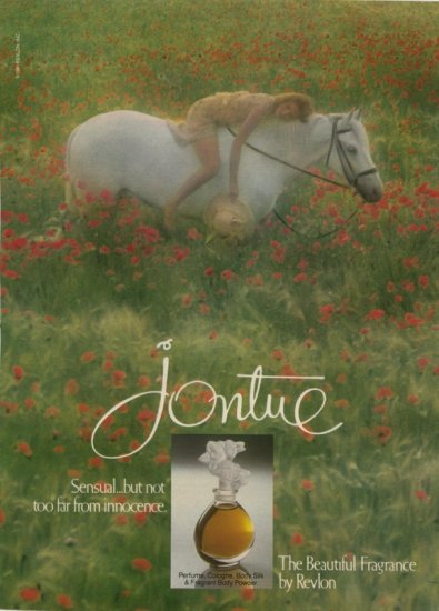 1983 Jontue Revlon Perfume White Horse in a field of Poppies AD