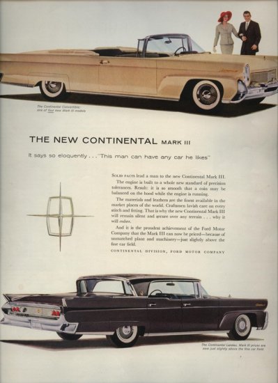 1958 Vintage Ford Lincoln Continental Mark 3 Car Print AD