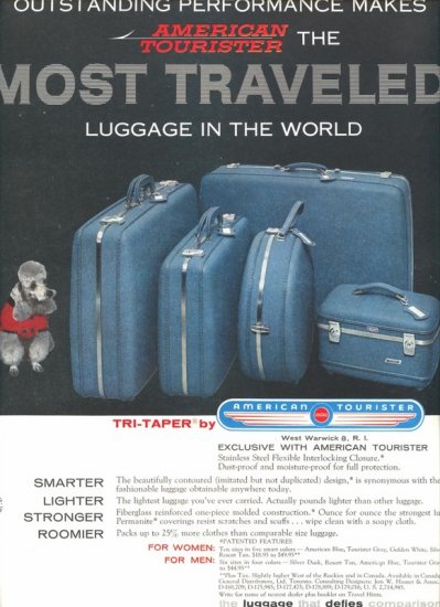 Vintage 1958 Gray Poodle Blue American Tourister Luggage AD