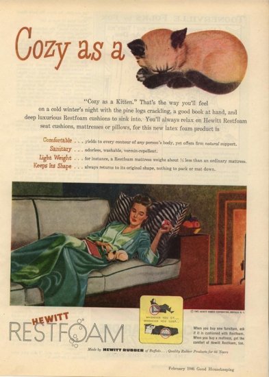 Vintage 1946 cozy as a Siamese Kitten Hewitt Restform Rubber AD