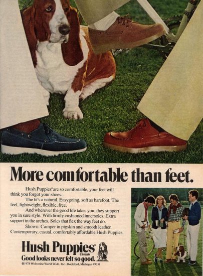 Vintage 1978 Hush Puppies Shoe Bassett Hound Dog Print AD