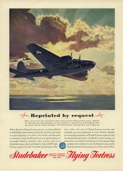 Vintage 1943 Studebaker Flying Fortress Airplane Aviation AD