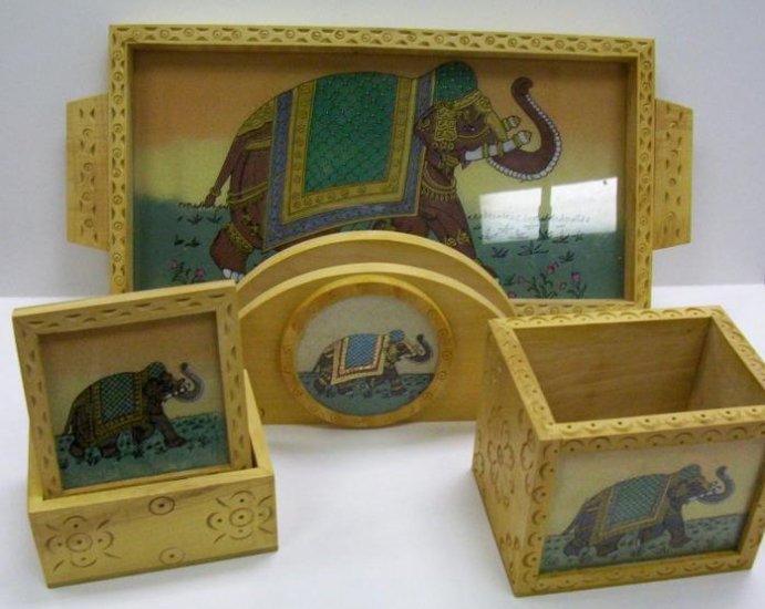 Wooden & semi-precious Gemstone Artwork Dinnerware Set