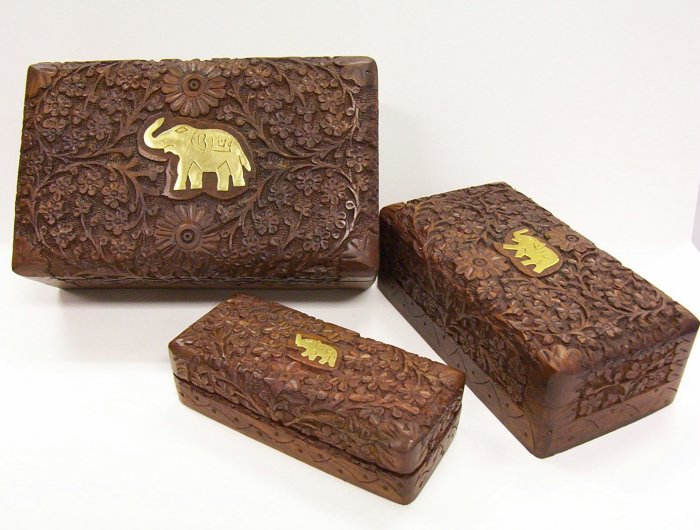 Set of 3 Carved Wooden Jewelry Box with Embossed Elephant
