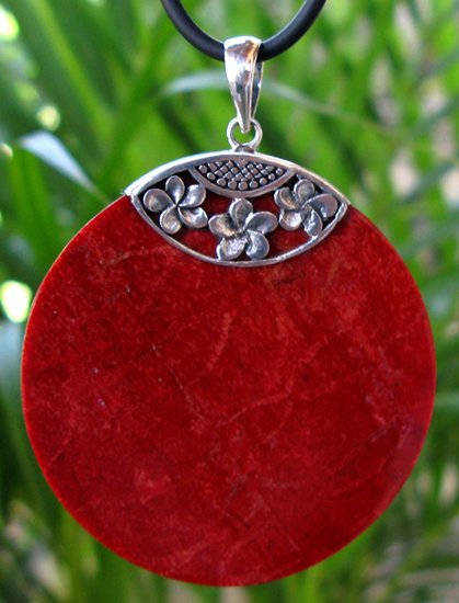 Red Coral Round Sterling Silver Pendant