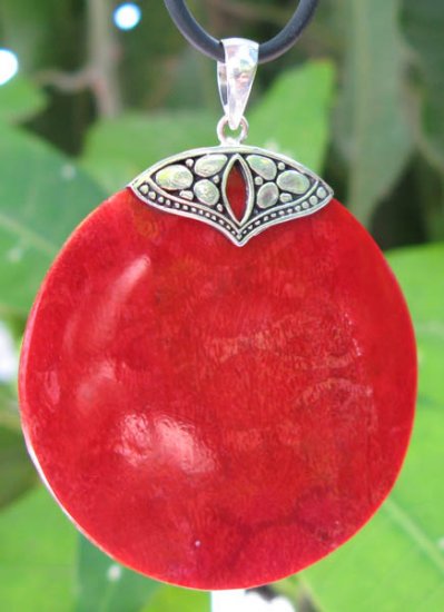 Red Coral Round Sterling Silver Pendant