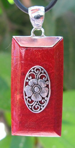 Red Coral Rectangular Sterling Silver Pendant