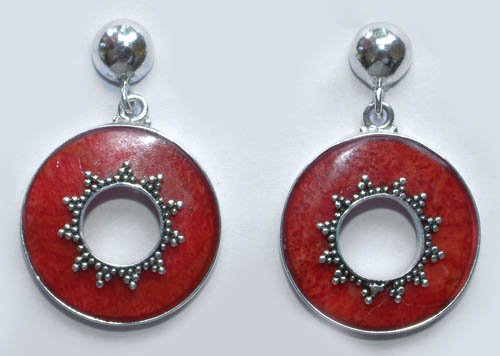 Red Coral Round Sterling Silver Earrings